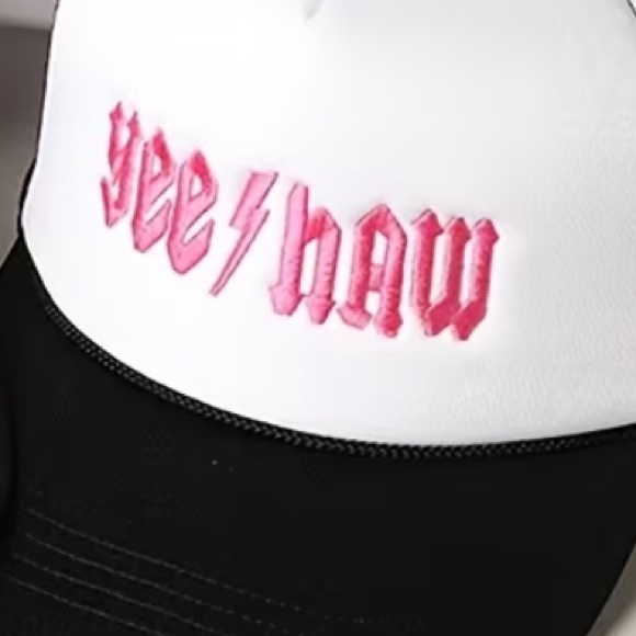 White and Black Yee Haw Trucker Hat Pink Embroidery Mesh Back Adjustable NWT - Picture 2 of 4